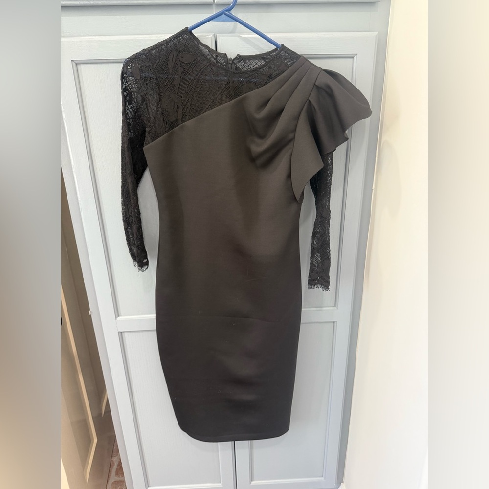 Teri Jon Black Dress with Lace Sleeves